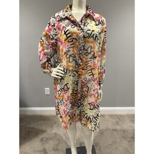 LIVE 4 TRUTH Women Button Up Long Tunic Top Size M Sheer No Camisole Graffiti